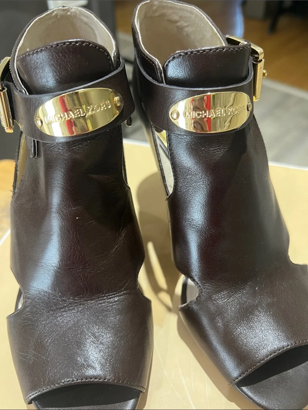 Michael Kors Dark Brown Leather Peep-Toe Cutout Heels with Gold Plaque